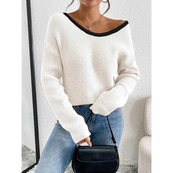 Women's Ribbed Knit Pullover Sweater Off Shoulder Crew Neck Casual - Picture 4 of 7